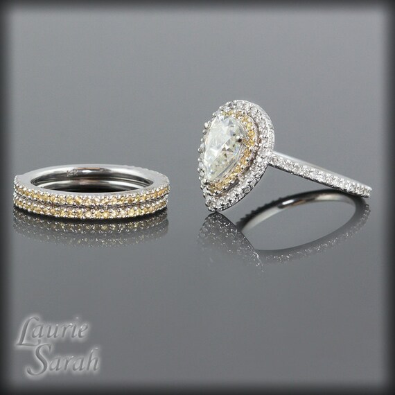 Pear Shaped Moissanite Engagement Ring Wedding Set with Yellow Sapphires & Diamonds - LS1515