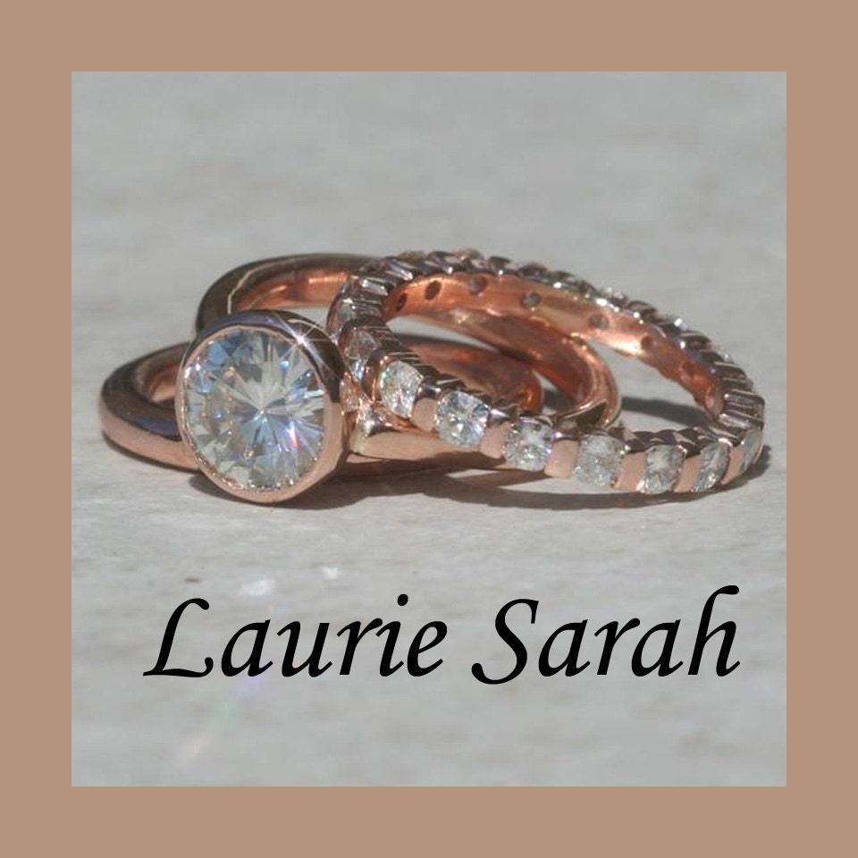 Moissanite Wedding Set in Rose Gold with one plain wedding band, and one diamond eternity wedding band - LS1213