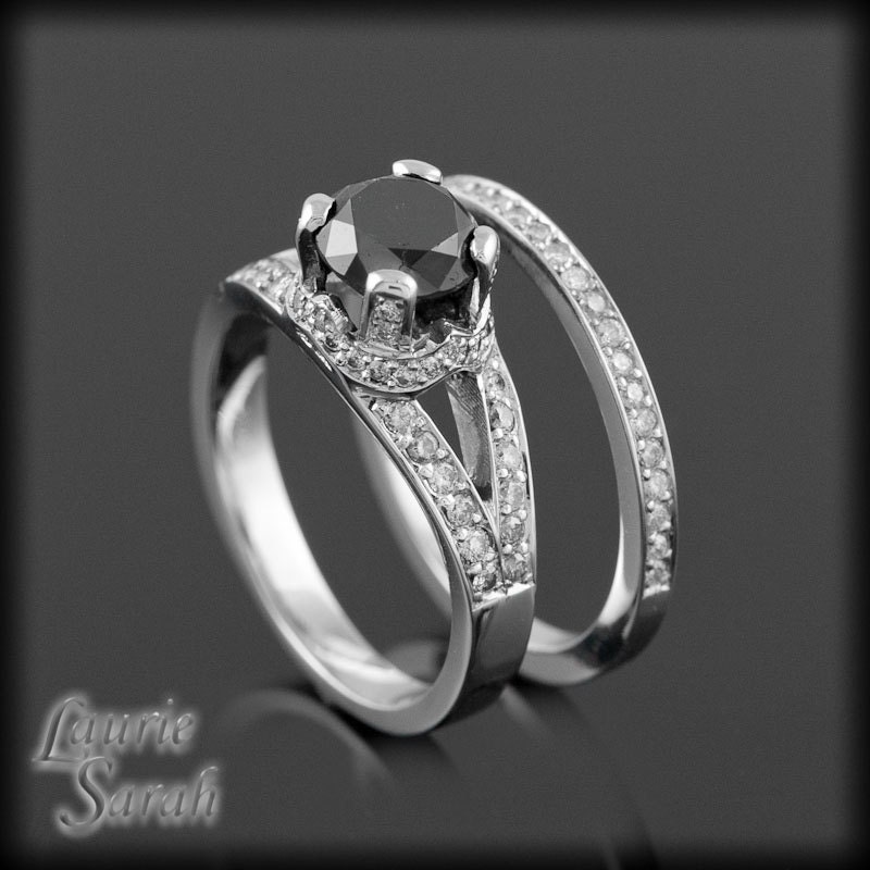 Split Shank Black Diamond Wedding Set in 14k White Gold - Crown Setting - LS1242