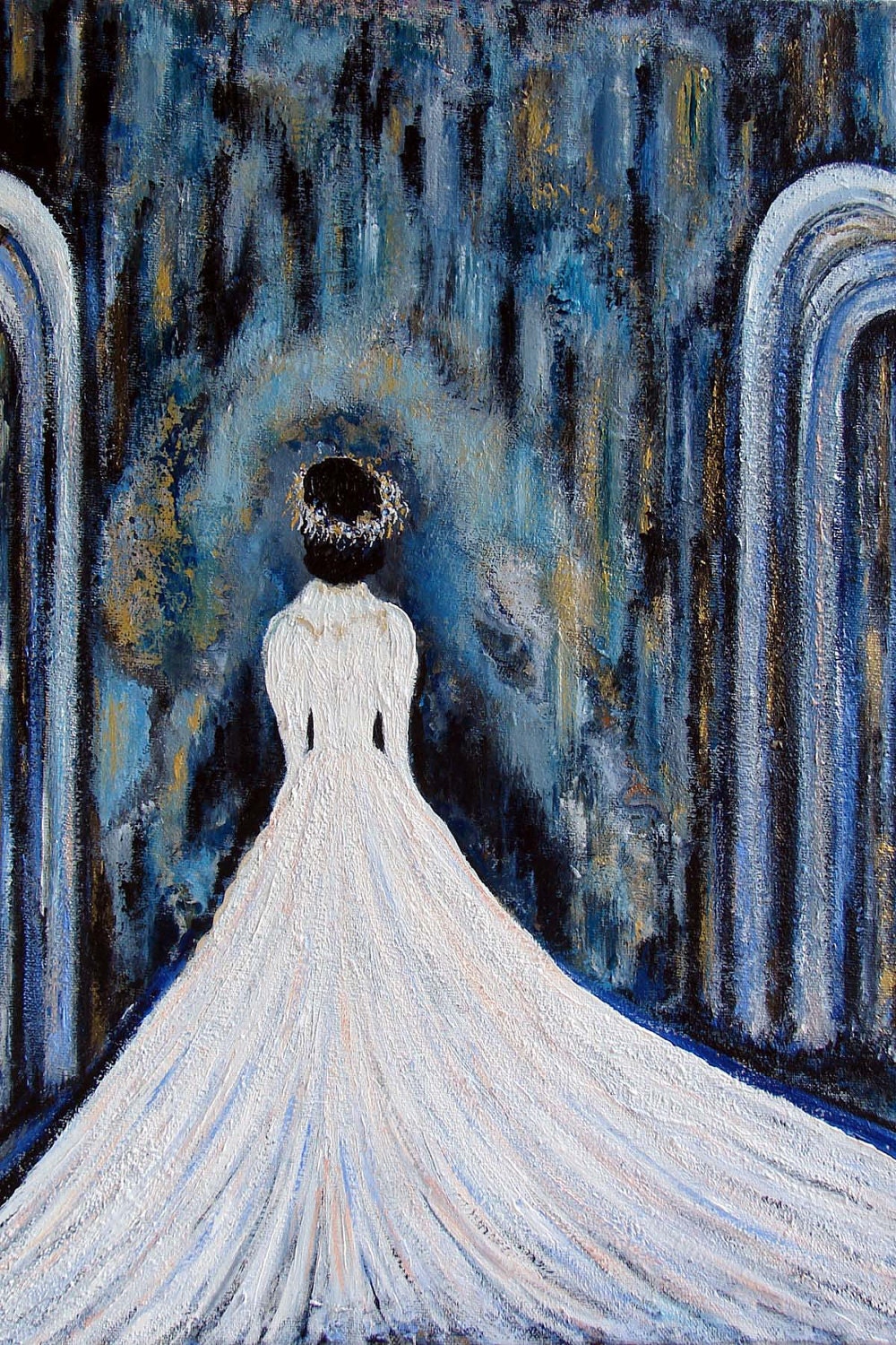 art  print pale blue gray black white gown bride fairy gold dreamy