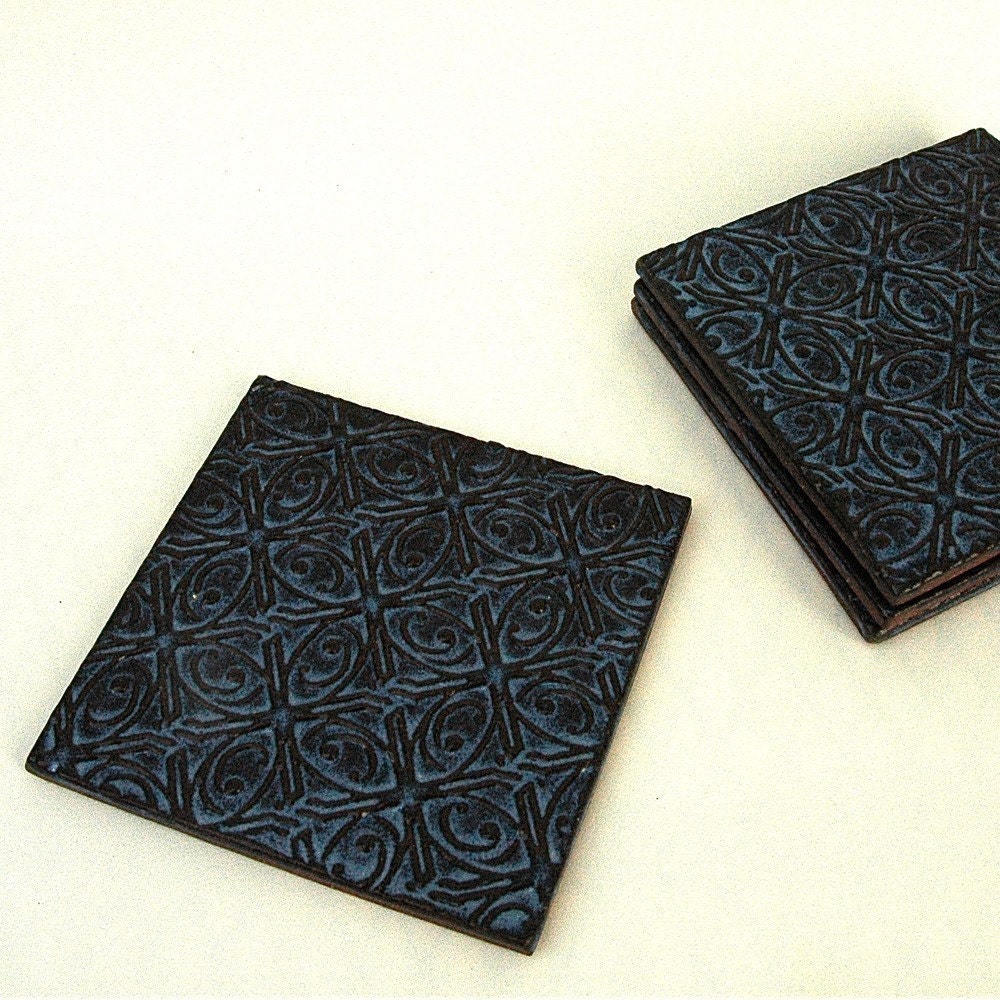 Dark Textured Tin Roof Blue Handmade Ceramic Pottery Coffee Cup Mug Coasters - Set of 2