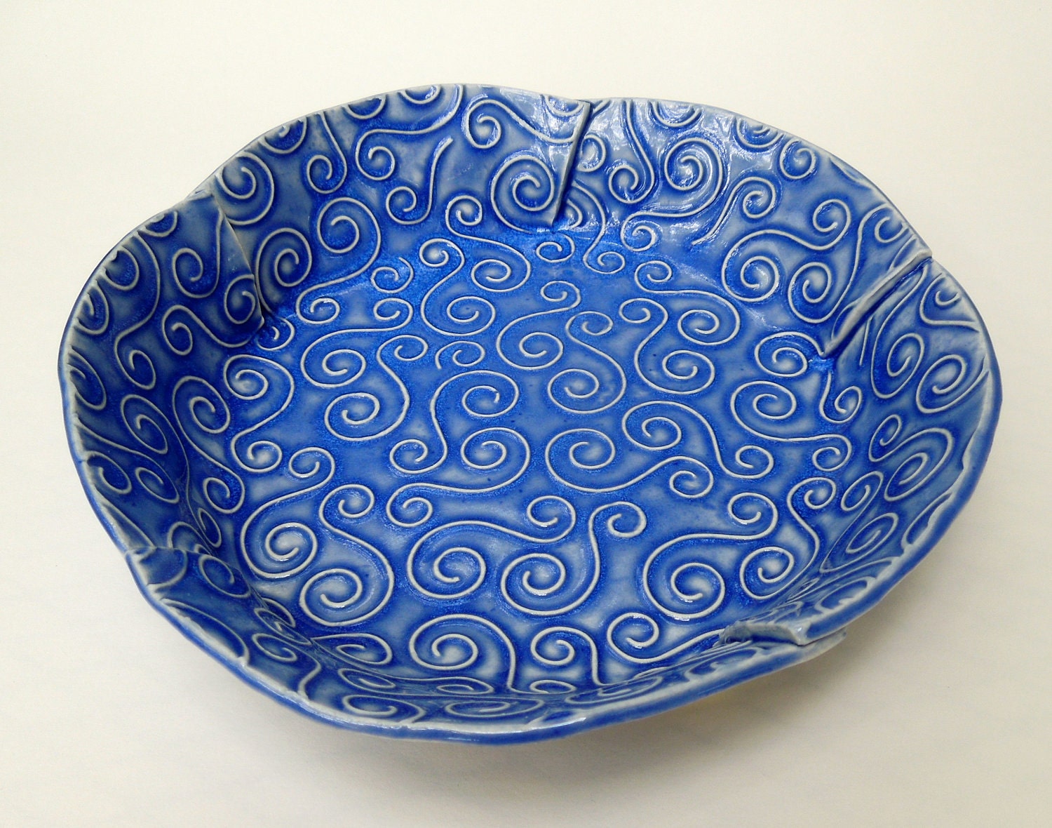 Small Blue Swirl Textured Handmade Ceramic Pottery Serving Bowl