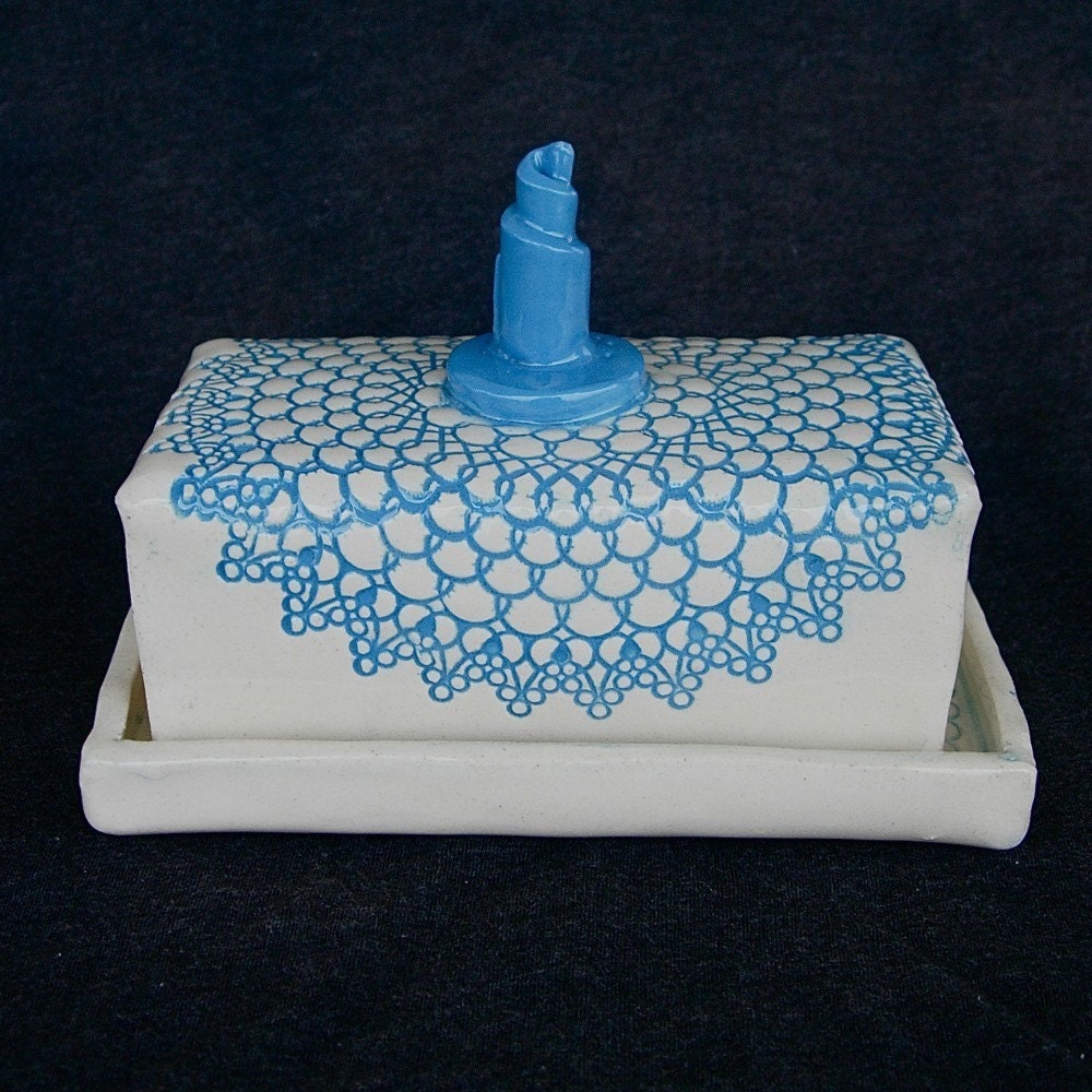 Blue Lace Crochet Doily Ceramic Pottery Covered Butter Dish with Lid