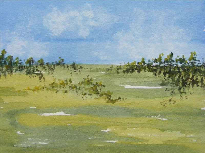In the Distance-Original Watercolor of Field, Trees and Sky