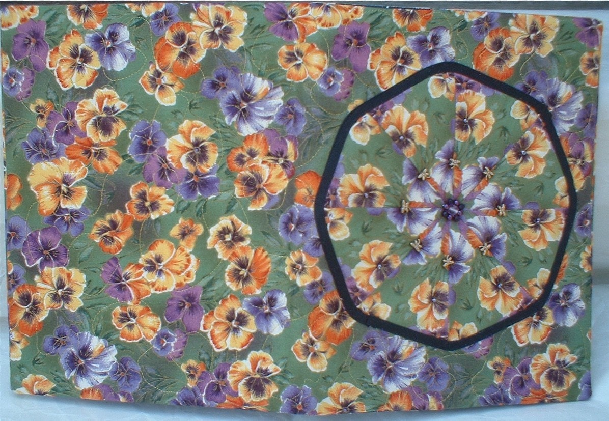 Journal Cover Reusable Quilted Beaded Pansies with Dragonfly