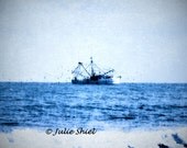 Blue Dream -8x10 Fine Art Photography, Boat on the Ocean with Birds, Peaceful Pale Cornflower Blue, White, Home Office Wall Decor