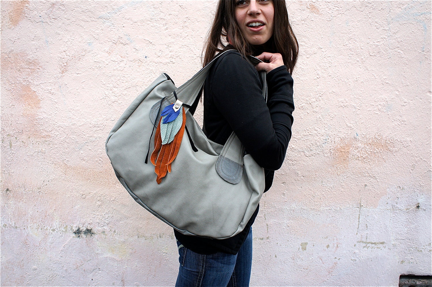 Muriel with Tote Straps in Pebble Gray Leather