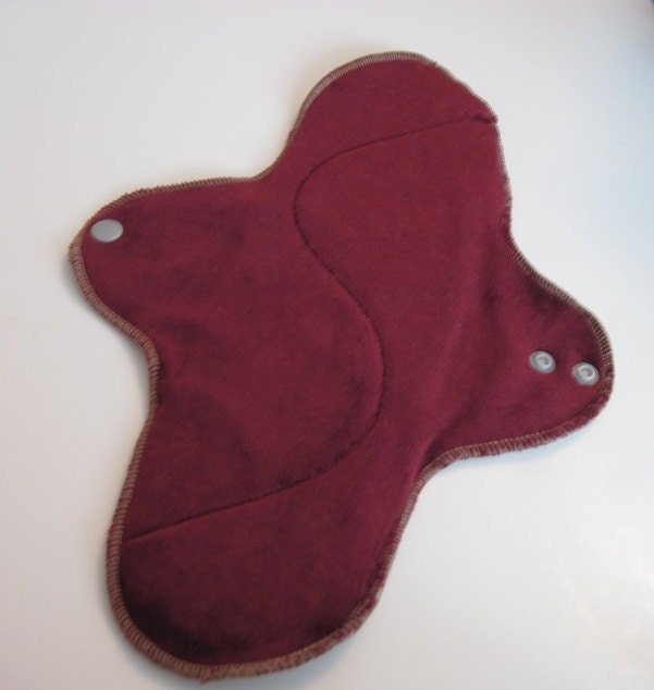 Organic Bamboo Velour Cloth Mama Pad Maxi With Wings HEAVY FLOW ... So soft 12 inch .. Burgundy