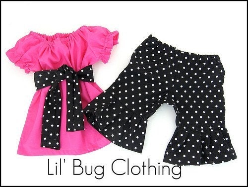 Custom Boutique Black Pink Polka Dot  peasant short set size 12 18 24 2t 3t 4t 5t girl
