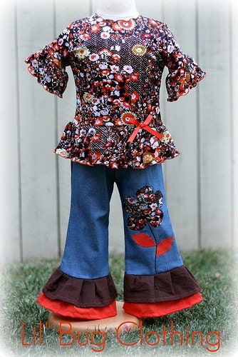 Custom Boutique Retro Floral Fall Thanksgiving Denim Pant and Top