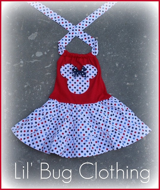 4th of July Custom Boutique Clothing Red White Blue Dot Tiered Minnie Mouse Halter Dress