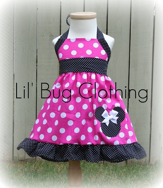 Custom Boutique Clothing Hot Pink and Black  Pin  Dot Minnie Mouse Halter Dress Disney Pink