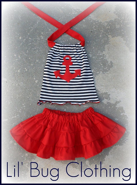 Custom Boutique Clothing Knit Stripes Halter Nautical Anchor Tiered Skirt Halter