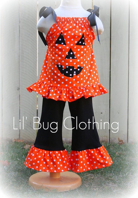 Custom Boutique Clothing Halloween Pumpkin Polka Dot Pant and Top