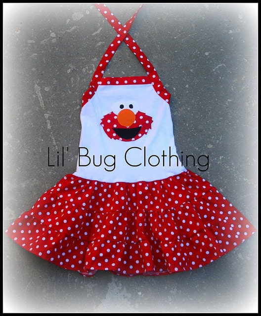 Custom Boutique Clothing Elmo Sesame Street Tiered Halter Polka Dot Dress