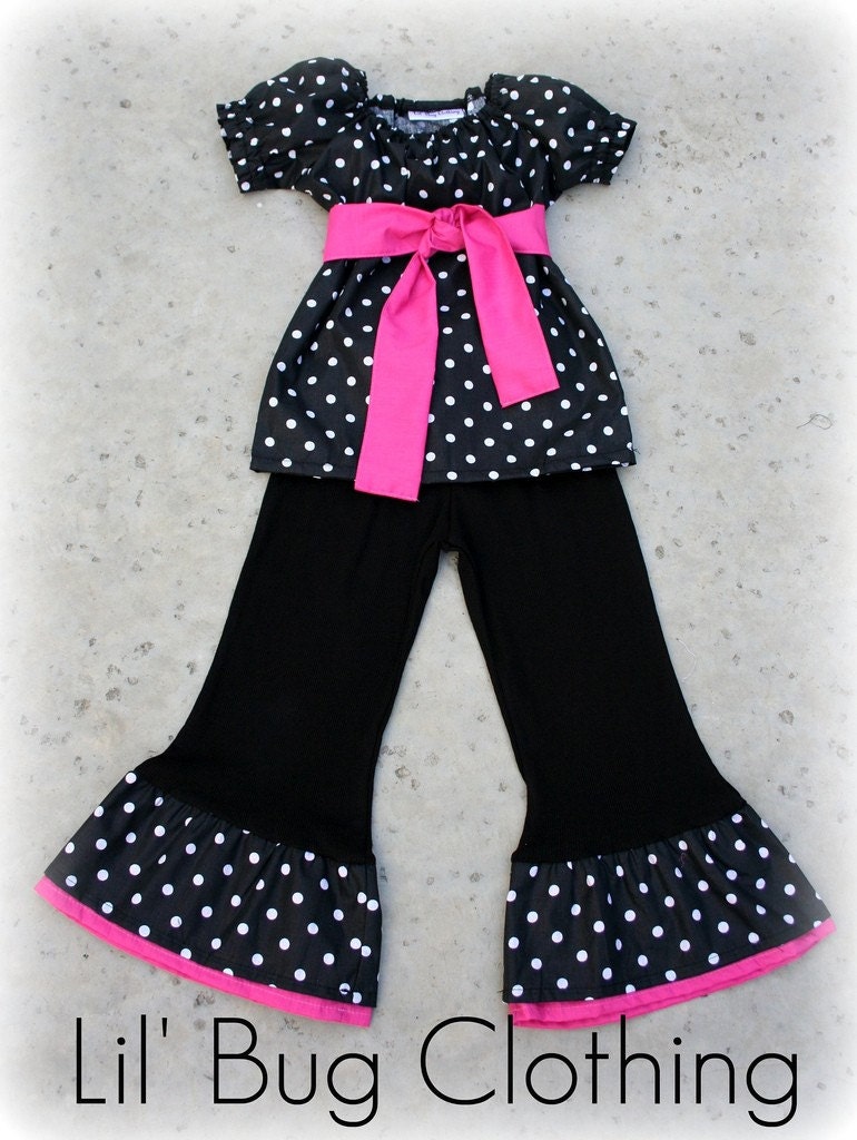 Custom Boutique Black White Polka Dots w/ Pink Peasant Pant Set 12 18 24 2t 3t 4t 5t 6 girl