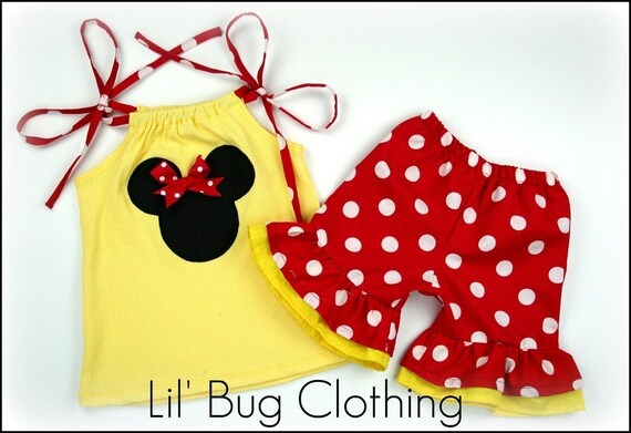 Custom Boutique Clothing Yellow and Red Minnie Mouse Knit Top and Shorts