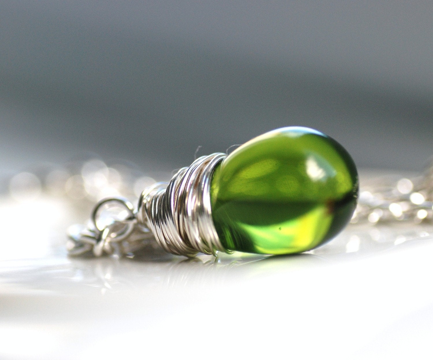 Woodland Necklace, Green Pendant, Pendant Necklace, Leaf Green, Moss Green Polished Glass Pendant, Sterling Silver Chain