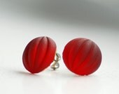 Red Post Earrings, Holiday Red Vintage Glass Stud Post Earrings, Stainless Steel Posts - Cranberry