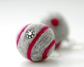 Hot Pink and Grey Felted Wool Earrings, Felted Bead Earrings, Dots and Swirls, Funky Geometric Merino Wool on Sterling Silver - Funky Dots