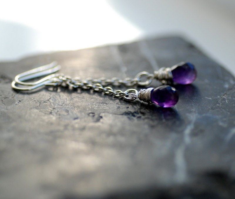 Amethyst Earrings, Purple Amethyst Gemstone Earrings, Wire Wrapped Sterling Silver February Birthstone