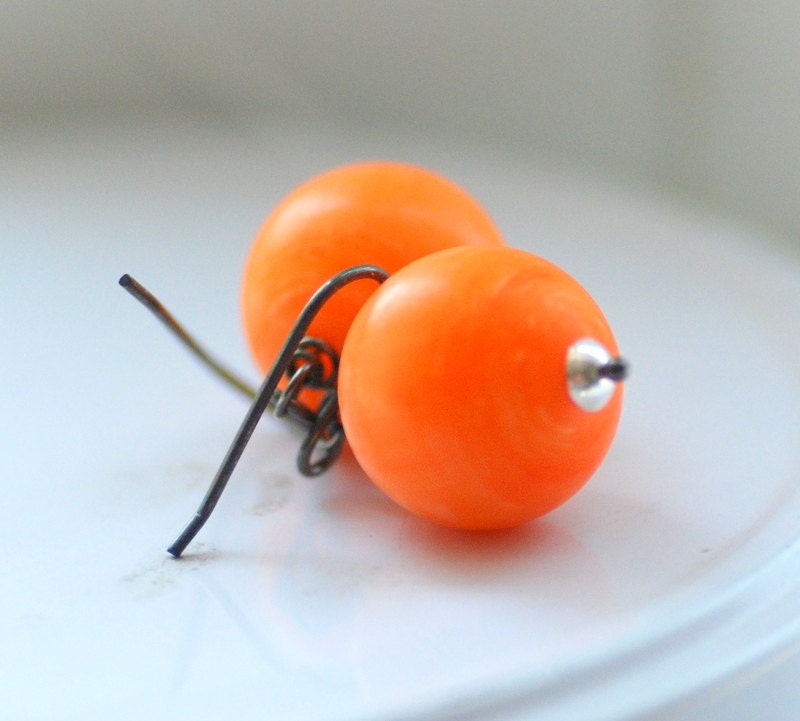 Great Pumpkin Earrings, Orange Vintage Lucite and Gunmetal
