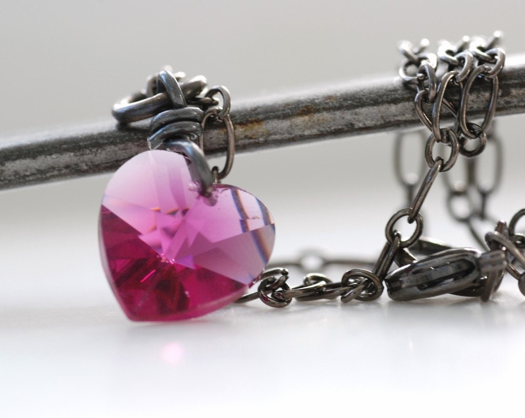 Fuchsia Pink Heart Necklace, Swarovski Heart Crystal, Hot Pink Heart Pendant, Valentine, Love, Gunmetal Chain - Cherish
