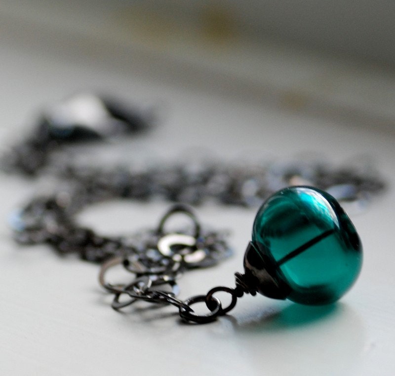 Dark Teal Necklace, Teal Pendant, Teal Jewelry, Peacock Wedding, Glass Pendant, Beach Wedding Jewelry, Oxidized Sterling Silver - Deep Sea