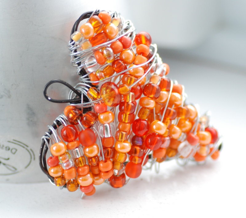 Tangerine Orange Brooch, Wire Heart Brooch, Beaded Brooch, Wire Pin, Sterling Silver Clasp - Not Your Grandma's Valentine