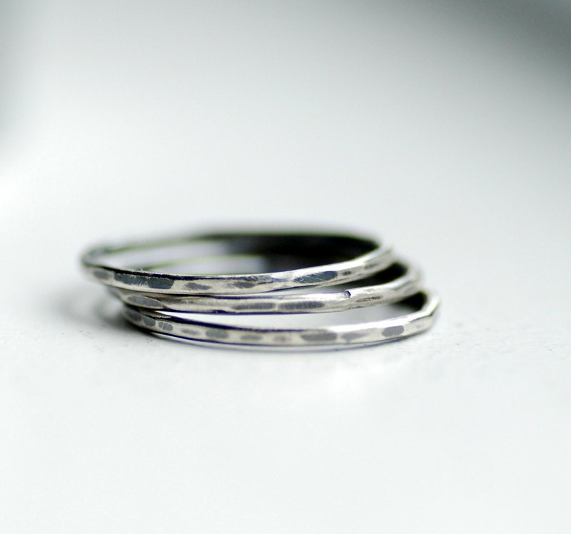 Sterling Silver Rings, Skinny Rings, Hammered Stacking Rings, Rustic Rings, Set of 3, Size 7.75, Ready to Ship