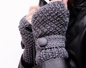Knit Fingerless gloves , mittens with a strap in dark grey