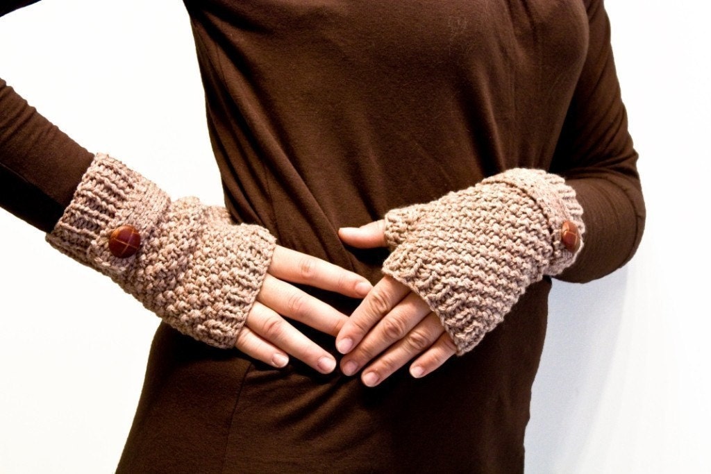 Knit fingerless gloves , mittens in beige with a strap