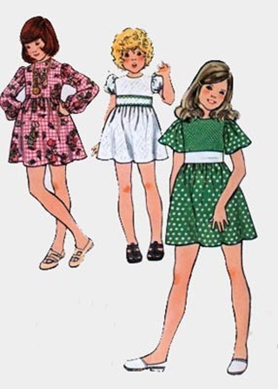 Vintage 70s Butterick 6965 Girls RETRO Empire Dress Sewing Pattern Size 12 Breast 30