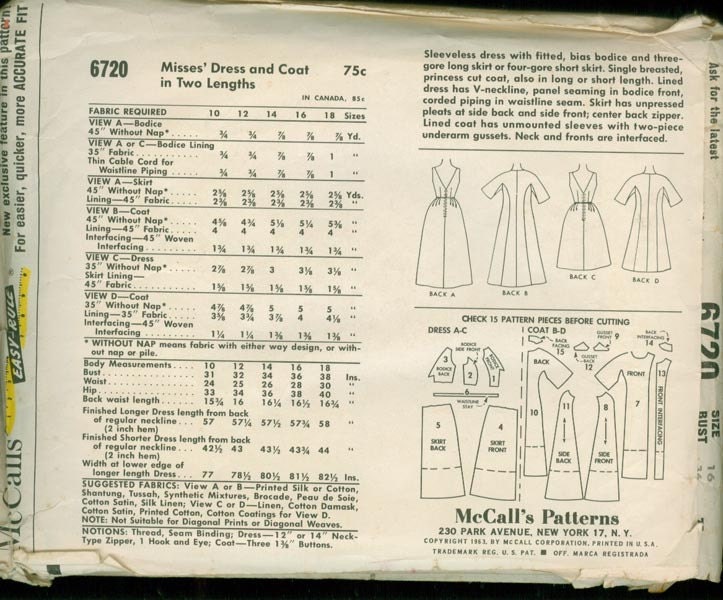 Vintage 60s McCalls 6720 Low V Neck and Back Formal Dress with Bell Shaped Skirt and Princess Coat Sewing Pattern Size 16 Bust 36 UNCUT