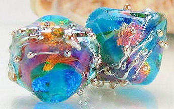Handmade glass lampwork bead pair, made to order, aqua blue opal crystals