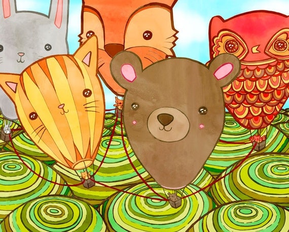 Woodland Animals Hot Air Balloon Adventure  8x10 Print