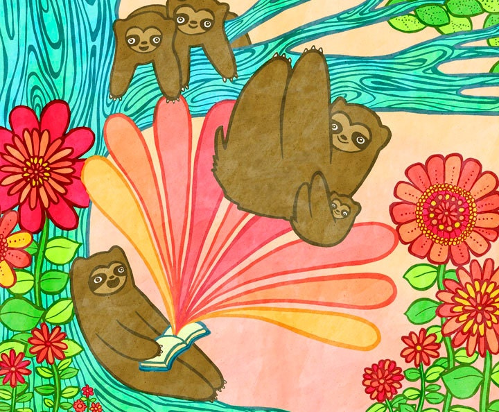 Sloth Reading Adventure 8x10 Print