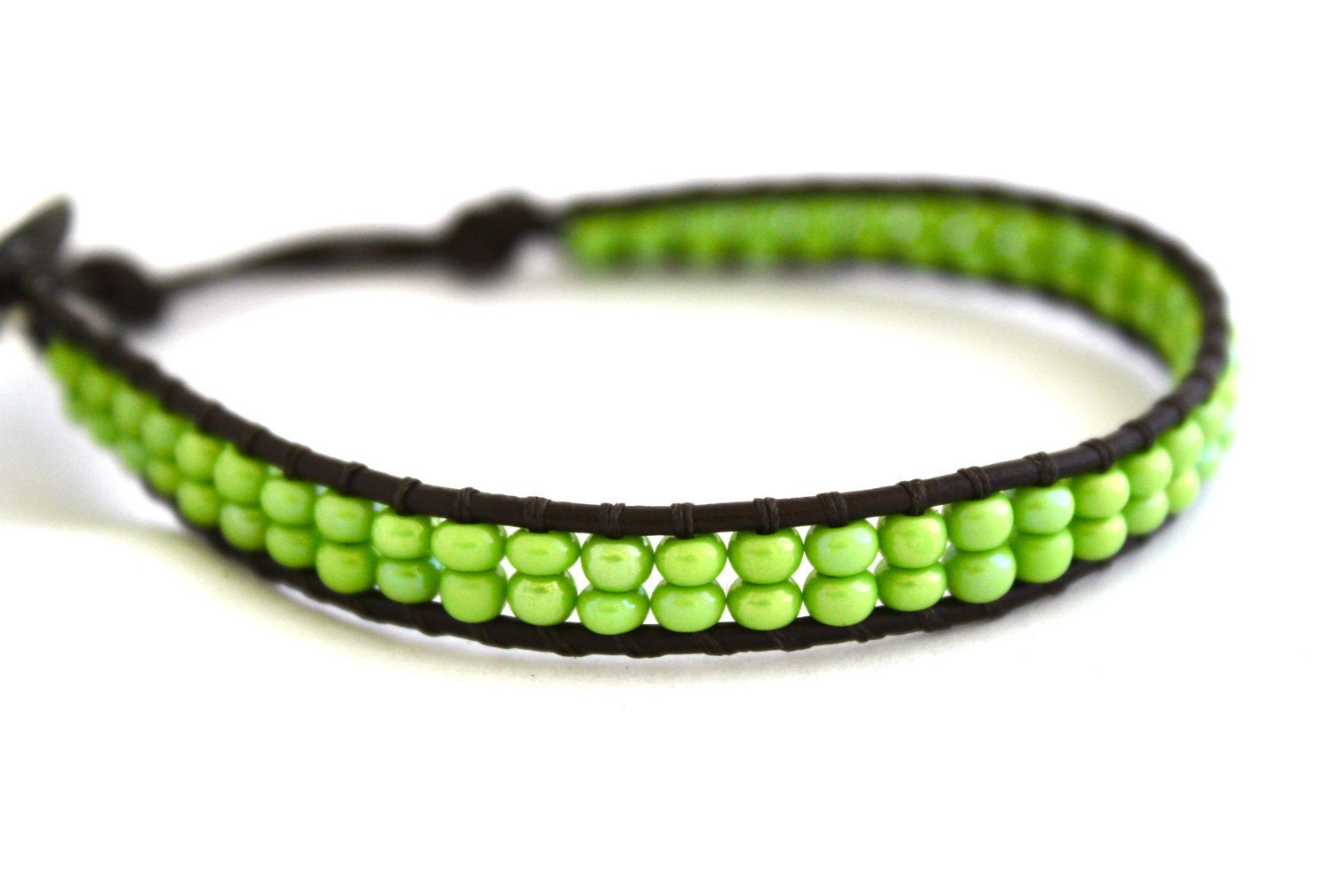 Bright Spring Green Mini Wrap.  Czech Seed Bead Leather Wrap Bracelet With Silver Tree of Life Button