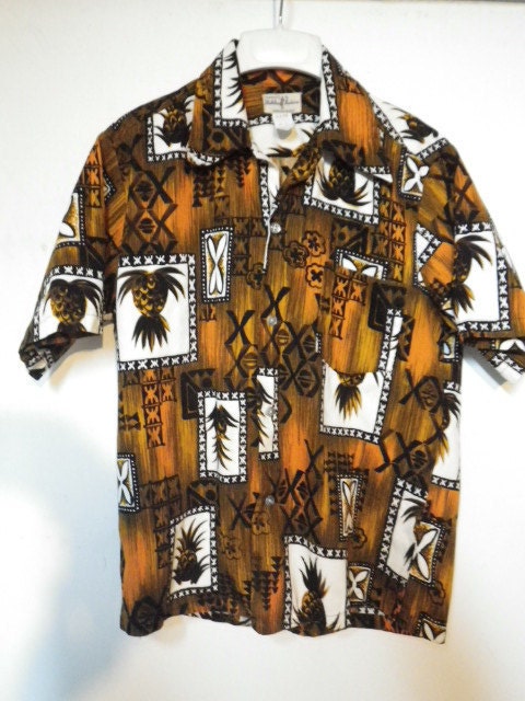 Hawaiian Shirt Pineapples Size L Men's Vintage 50s Barkcloth
