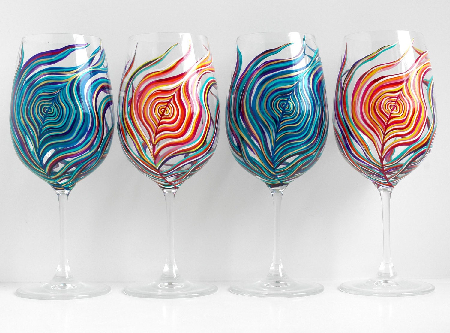 Yin and Yang Peacock Wine Glasses--Set of 4 Hand Painted Glasses in Amethyst & Sapphire and Neon Peacock Feathers