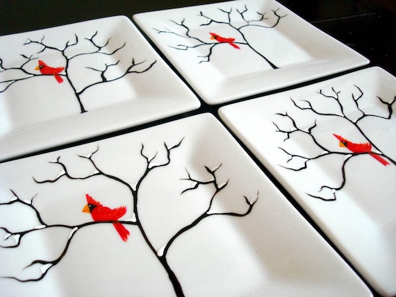 Red Cardinal Appetizer Plates--4 Piece Collection