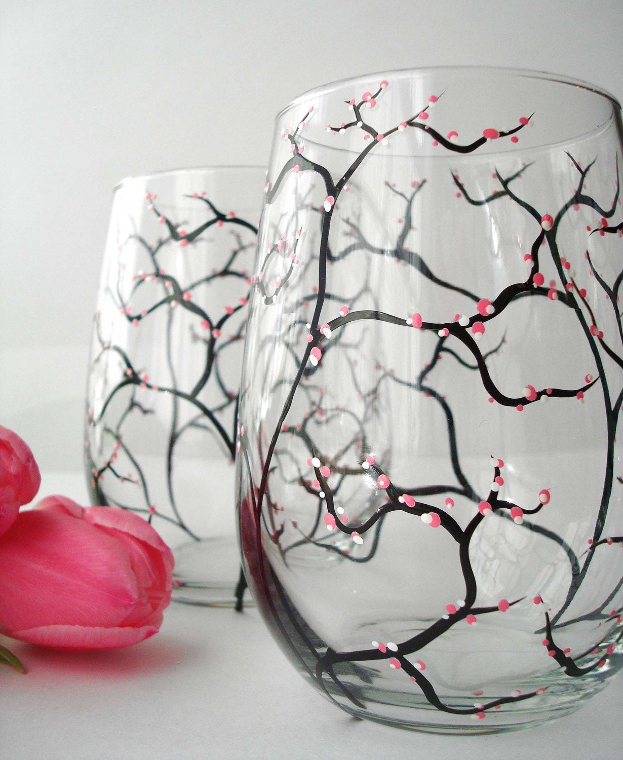 Pink Cherry Blossom Wine Glasses - Set of 2 Hand Painted Stemless Glasses - Mothers Day Gift