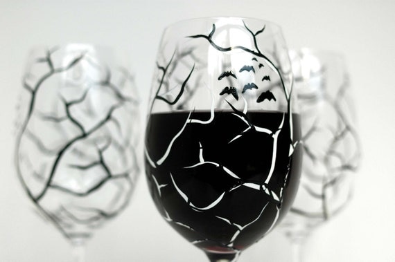 Spooky White and Black Halloween Trees--Set of 4 Hand Painted Wine Glasses