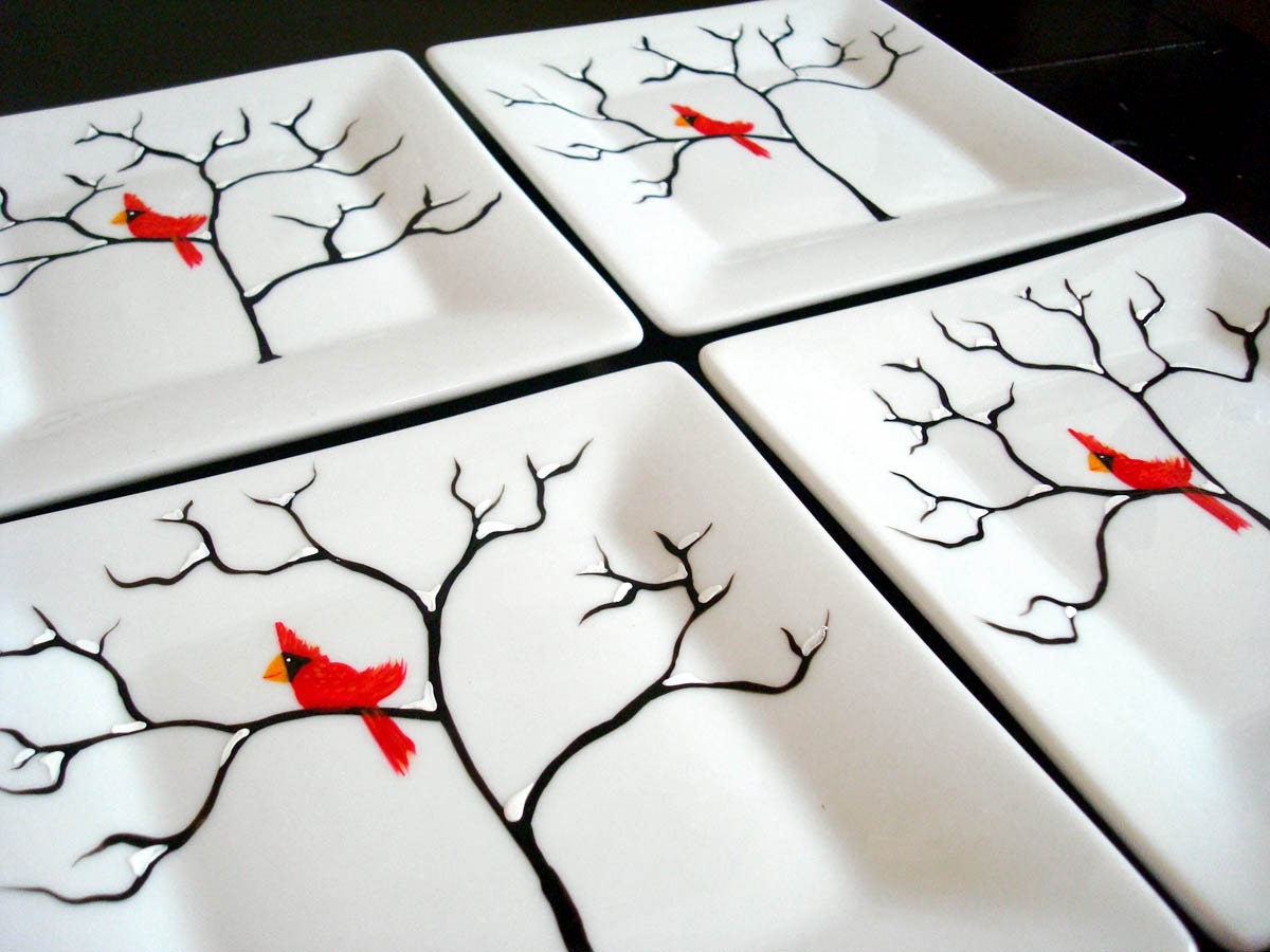 Red Cardinal Appetizer Plates--4 Piece Collection