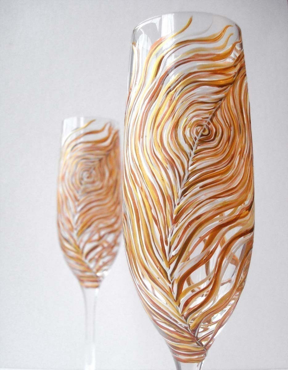 Peacock Feather Wedding Flutes - Set of 2 Personalized Champagne Flutes - Hand Painted Custom Toasting Flutes