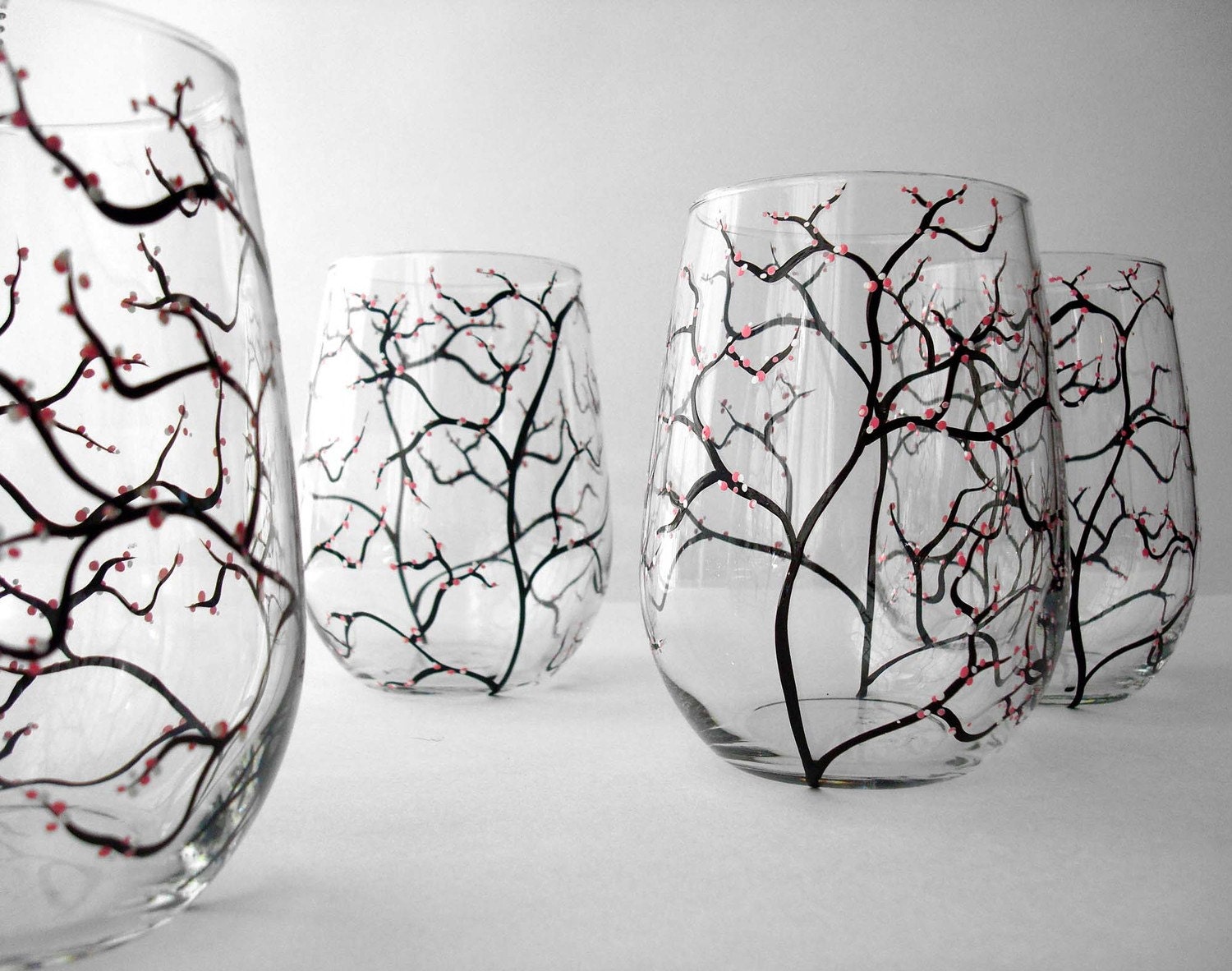 Pink Cherry Blossom Wine Glasses - Set of 2 Hand Painted Stemless Glasses - Mothers Day Gift