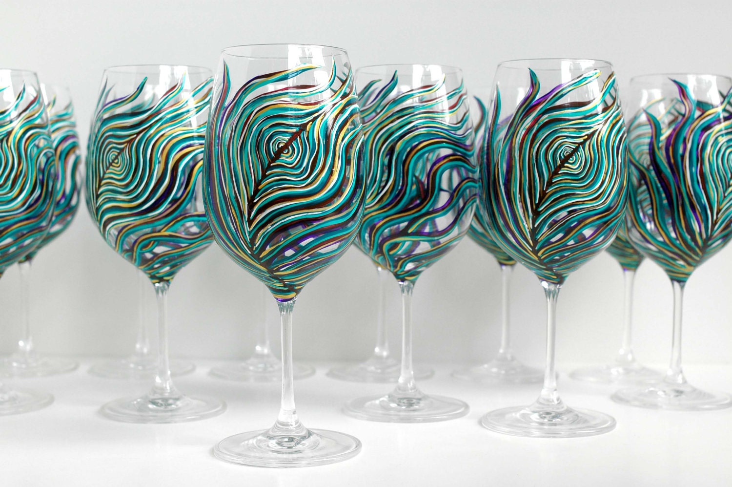 Peacock Feather Wine Glasses -- 12 Piece Customized Bridal Collection -- Personalized Hand Painted Peacock Feather Wedding Collection