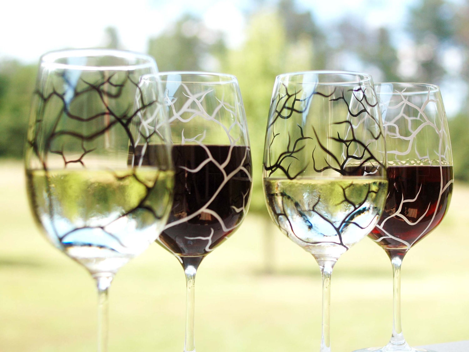Black and White Tree Branch Wine Glasses - Set of 2 Hand Painted Glasses