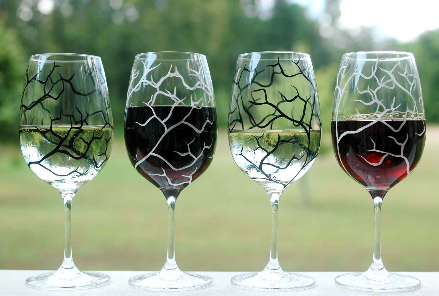 Black and White Tree Branch Wine Glasses - Set of 2 Hand Painted Glasses