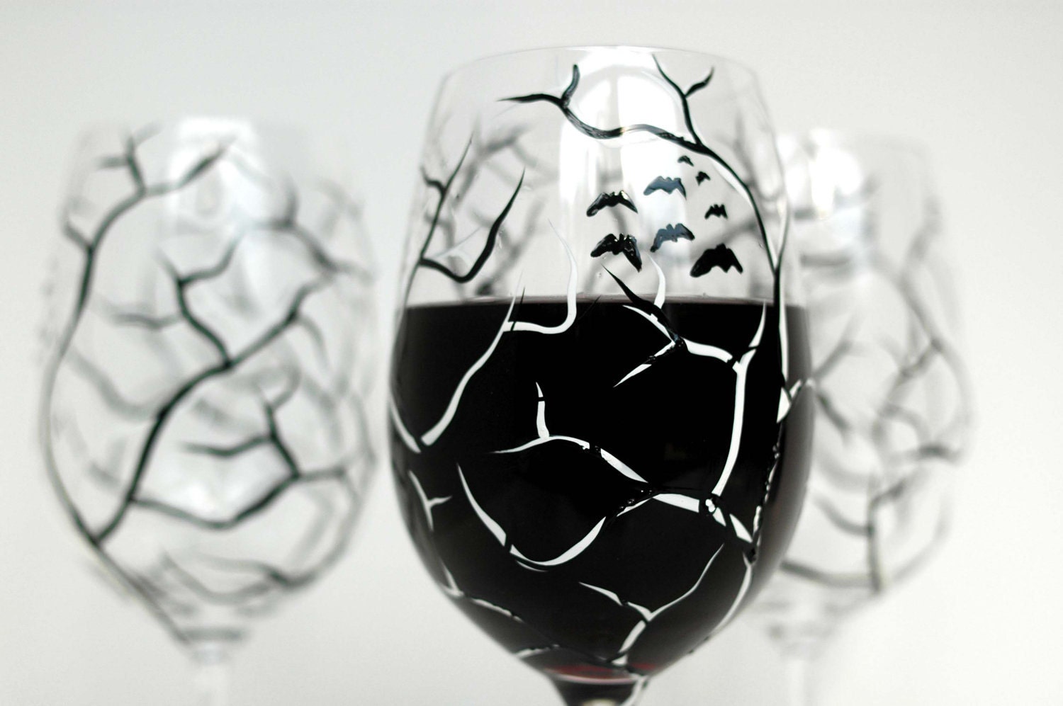 Spooky White and Black Halloween Trees--Set of 4 Hand Painted Wine Glasses